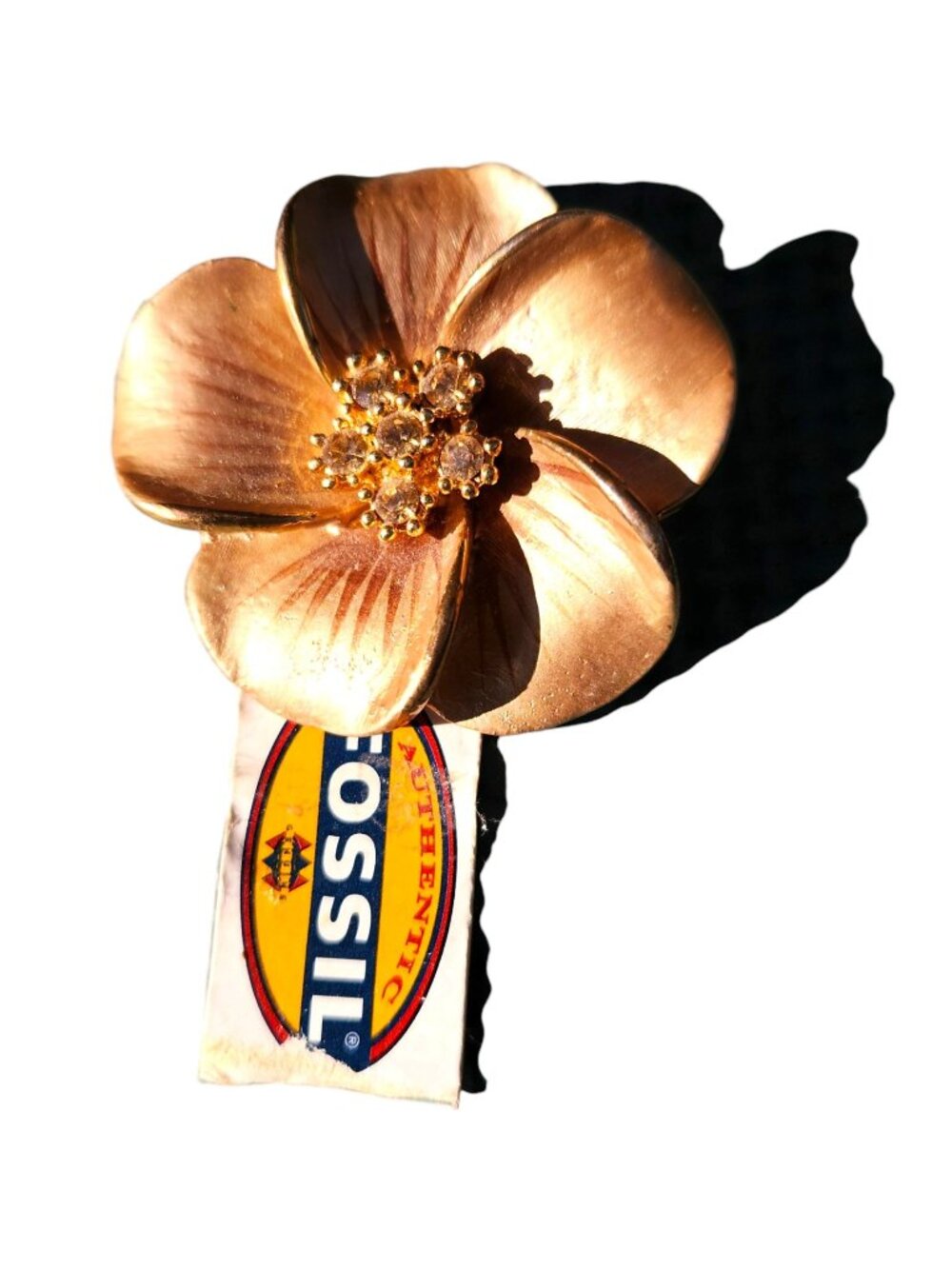 Fossil Gold-Tone Flower Brooch With Crystal Accents & Pin Clasp For Women